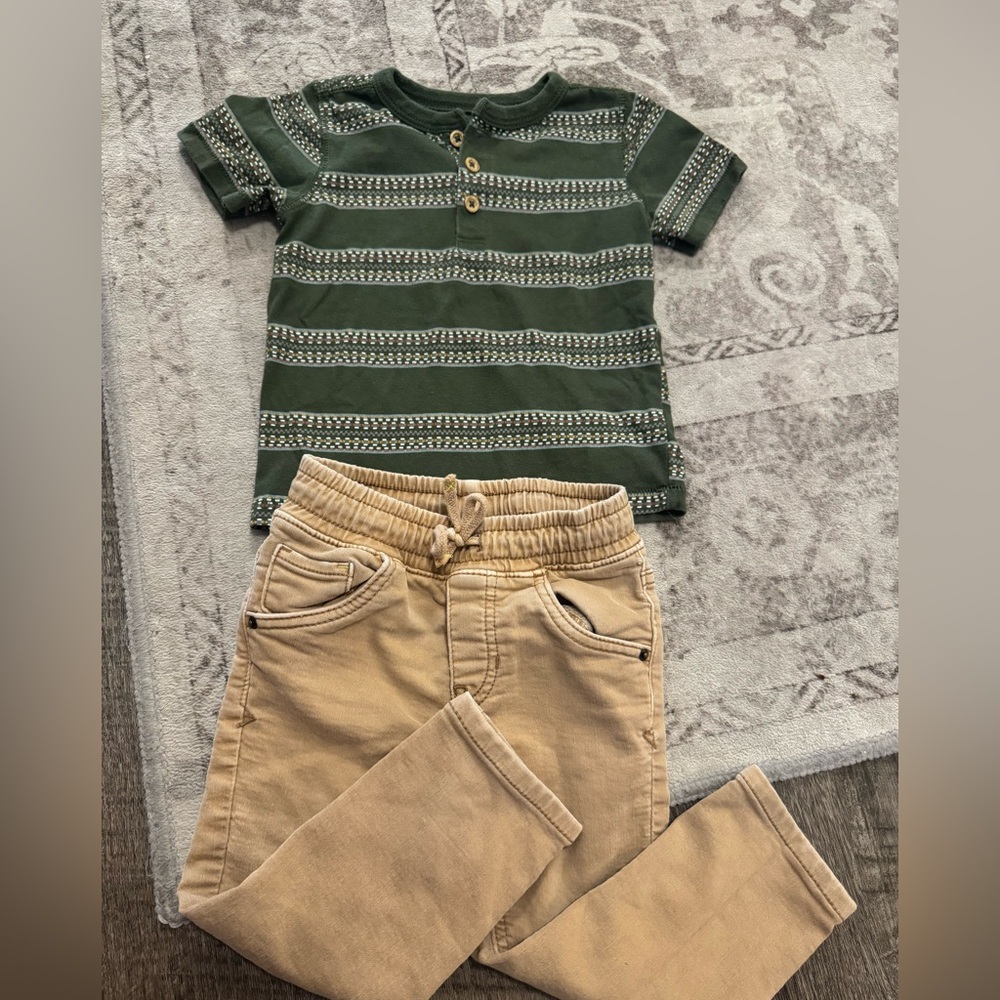 Green Striped Polo Shirt and Tan Pants Set